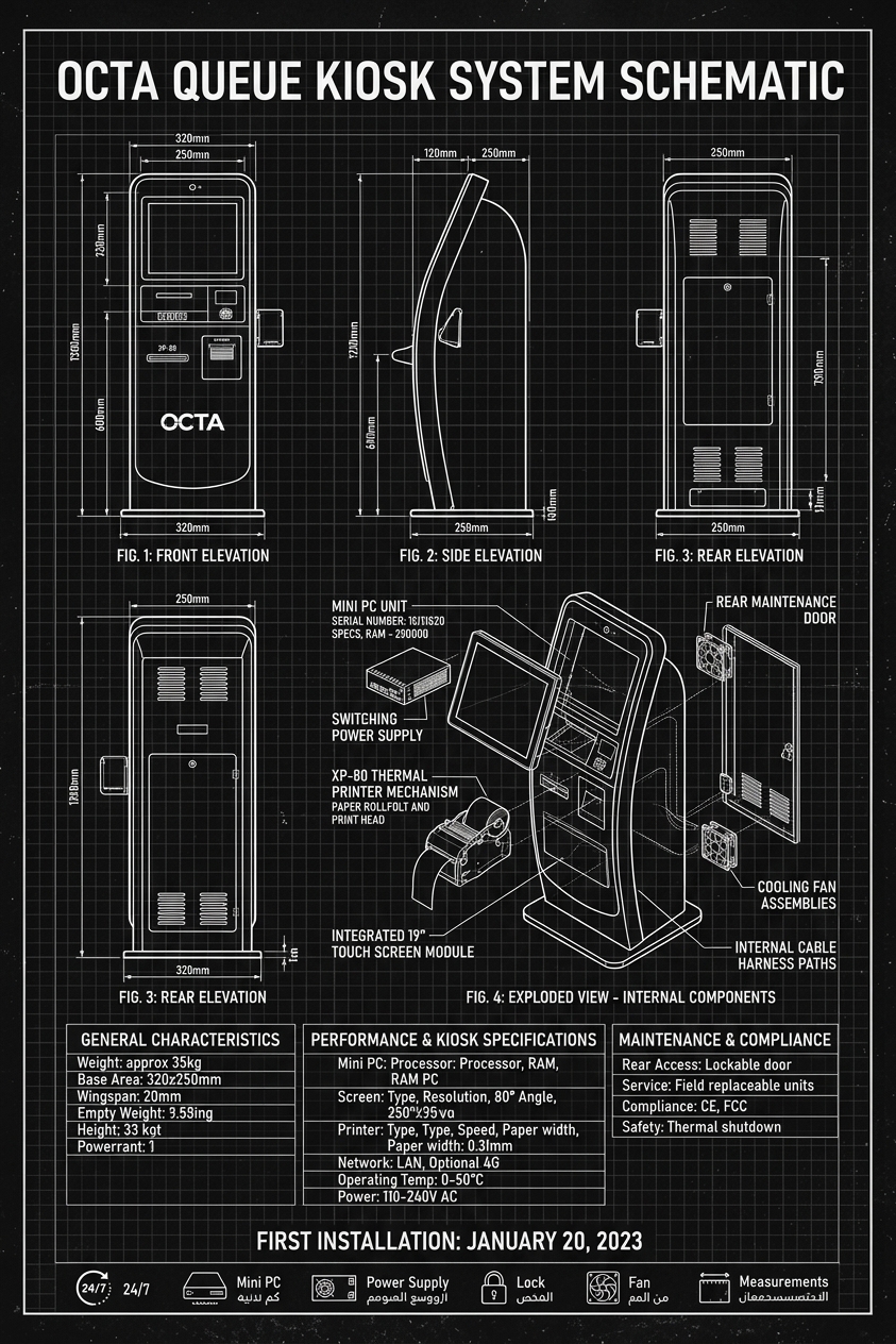 Concept schematic of the Oocta Q1 queue kiosk